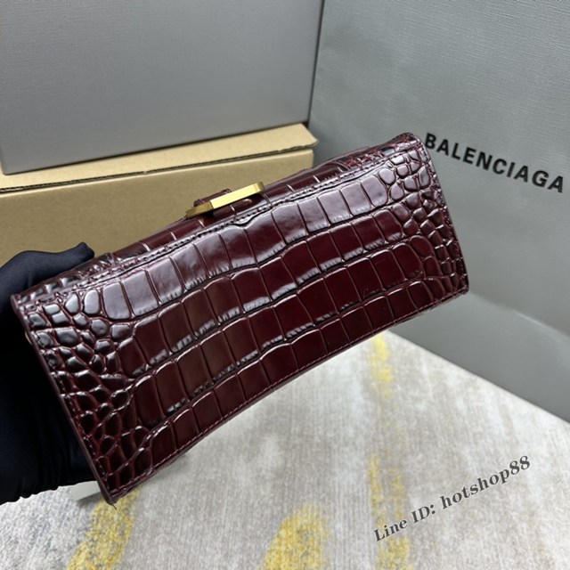 Balenciaga專櫃爆款鱷魚紋酒紅色中號Hourglass沙漏包 巴黎世家頂級原單手提肩背包 fyj1203